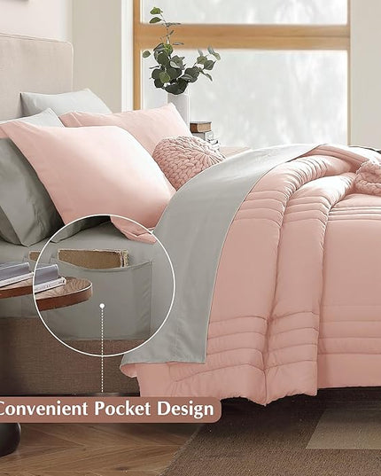 Monbix Twin XL Size Comforter Set - Extra Long 5 Pieces Dorm Bedding Sets, Quilting Design Fluffy Bed in a Bag Twin XL with Sheets, Pillowcase & Sham(Light Pink)