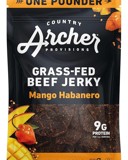 Country Archer Grass-Fed Beef Jerky - Beef Jerky Snack Pack, Beef Jerky Bulk, Individual Beef Jerky Pack, Protein Snack, Country Archer Beef Jerky, Gluten Free, Paleo - Mango Habanero, 16 oz