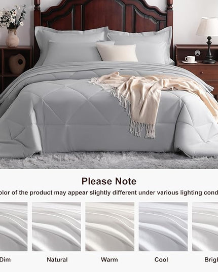 NTBAY King Comforter Set with Sheets, 7 Pieces Soft and Breathable King Bedding Set, Bed in a Bag, Down Alternative Comforter Set Solid Color All Season, King Bedding Set, Light Grey