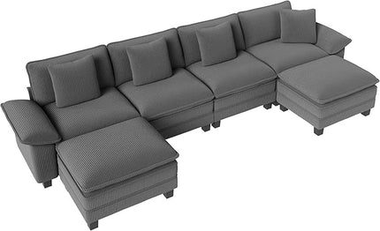 157-Inch U Shaped Sectional Sofa with Cloud Cushions, Deep Seat Modular Couch Set w/ 6 Seats & 2 Ottomans, Removable Arms, Plush Corduroy Upholstery for Living Room, Apartment - Gray