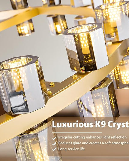 36-Light Large Gold Chandeliers for High Ceilings, 36 Inch Modern Crystal Wagon Wheel Chandelier, Farmhouse Industrial Round Chandelier Pendant Lighting Fixture for Dining Living Room Kitchen