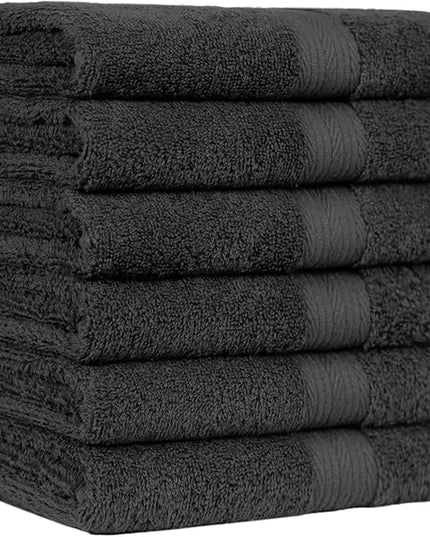Amazon Basics 6 Piece Fade Resistant Hand Towel, 100% Cotton, Black, 26'' x 16''