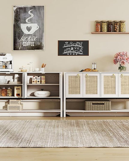 Rattan Entryway Cabinet with Storage,55“ Boho Credenza Storage Cabinet with 4 Doors and Adjustable Shelf, Wood Coffee Bar Console Cabinet Buffet Table for Kitchen, Dinning Room, Sideboard Buffet