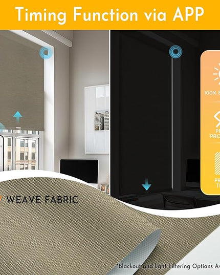 Persilux Smart Motorized Blinds with Remote, No Drill Automatic Roller Shades for Indoor Windows, Blackout Linen Fabric, Electric Blinds for Windows, Weave Caribou C162BO-5, Custom Size