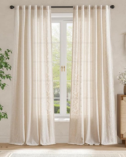 jinchan Winslow Linen Curtains for Living Room Floral Curtains 96 Inch Length Ivory Embroidered Bordered for Sitting Room Farmhouse Decor Light Filtering Window Treatments Set of 4