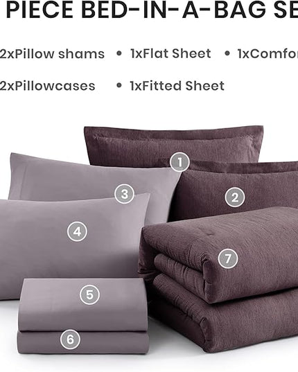 Monbix Full Size Comforter Set, Italian Plum Bedding Comforter for Full Size Bed Set Reversible, Bedding Sets Full 7 Pieces, Cationic Dyeing Bed in a Bag with Comforter, Sheets, Pillowcases & Shams