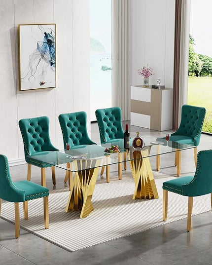 7 Piece Glass Dining Table Set,70" Dinner Room Glass Table Set for 6,Modern Kitchen Dinner Table Set with Stainless Steel Base and 6 Upholstered Velvet Dining Chairs for Living Dining Room