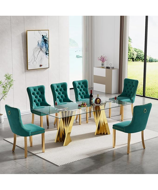 7 Piece Glass Dining Table Set,70" Dinner Room Glass Table Set for 6,Modern Kitchen Dinner Table Set with Stainless Steel Base and 6 Upholstered Velvet Dining Chairs for Living Dining Room