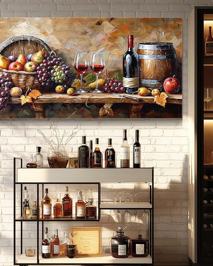 XIGUANGART Red Wine Glass Wall Art Grape Barrel Painting Kitchen Artwork Prints for Dinning Room Bar Large Canvas Wall Decor for Living Room Office Fruit Still Life Picture Modern Home Decoration