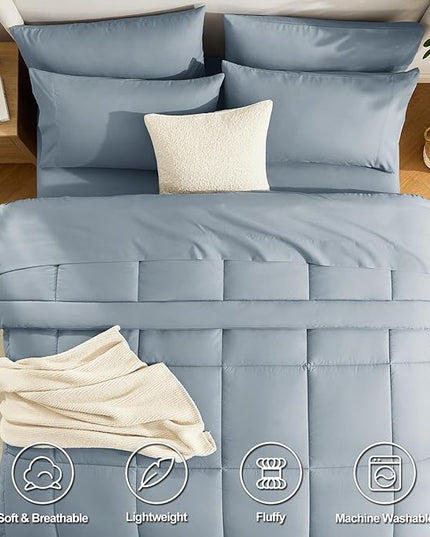 CozyLux King Size Comforter Set Grayish Blue, 7 Pieces Bed in a Bag, Dusty Blue Comforter King Size, All Season Bedding Sets with Stitch Quilted Comforter, Flat Sheet, Fitted Sheet, Pillowcases