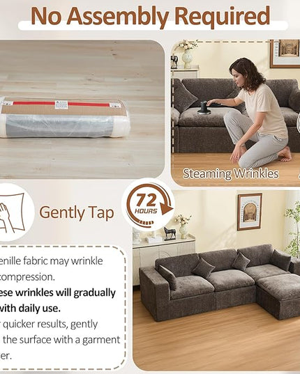 115''Cloud Boneless Sectional Couch, Modular Sectional Sofa Deep Seat with Ottoman, Oversized Upholstered Convertible Comfy 4 Seater Chenille Sofa L Shape Couches for Living Room, Brown