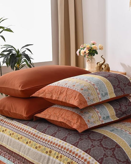 Cottolester Boho Comforter Set Queen Size,8 Pieces Red and Orange Bohemian Striped Bed in a Bag,Paisley Soft Microfiber Bedding Comforter Set