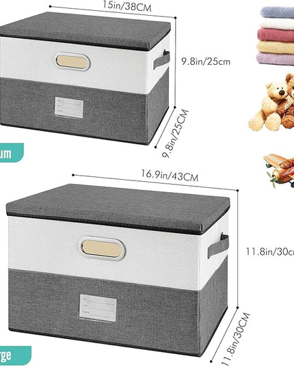 Large Linen Fabric Foldable Storage Bins with Removable Lid and Handles, Washable Storage Box Organizer Containers Baskets Cube with Cover for Bedroom,Closet,Office (Black&White, Medium)