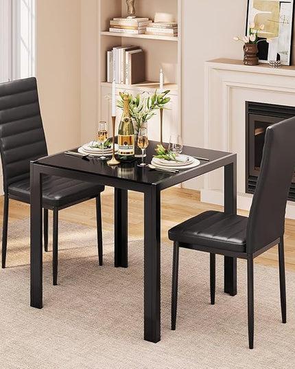 Gizoon 3 Piece Glass Dining Table Set, Kitchen and Chairs for 2, PU Leather Modern Room Sets for Home, Kitchen, Living Room
