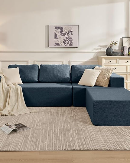 106" Modular Sectional Couch Left/Right Facing Convertible, L-Shape Modern Teddy Sofa, Deep Seat Upholstered Foam Couch for Living Room Bedroom, No Assembly Required (Blue, Teddy Boucle)