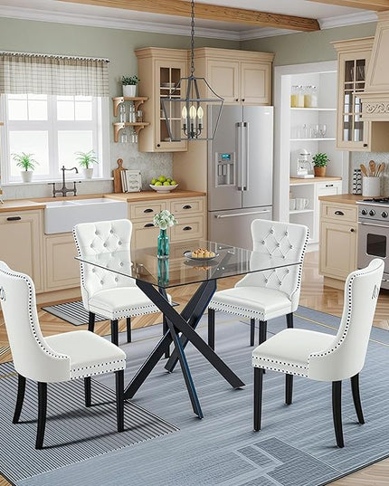 5 Piece Square Glass Dining Table Set for 4, Modern Dining Room Table and Chairs Set, Tempered Glass Top Kitchen Table with 4 Velvet Chairs, Space Saving Dining Set for Small Apartment or Home