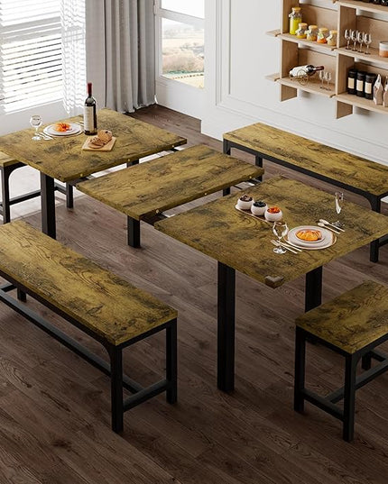 Feonase 5-Piece Dining Table for 4-8 People, 63" Extendable Kitchen Table Set with 2 Benches & 2 Square Stools, Dining Room Table with MDF Wood Board, Easy Clean, Rustic Brown