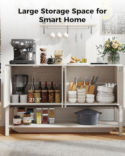 Rattan Entryway Cabinet with Storage,55“ Boho Credenza Storage Cabinet with 4 Doors and Adjustable Shelf, Wood Coffee Bar Console Cabinet Buffet Table for Kitchen, Dinning Room, Sideboard Buffet