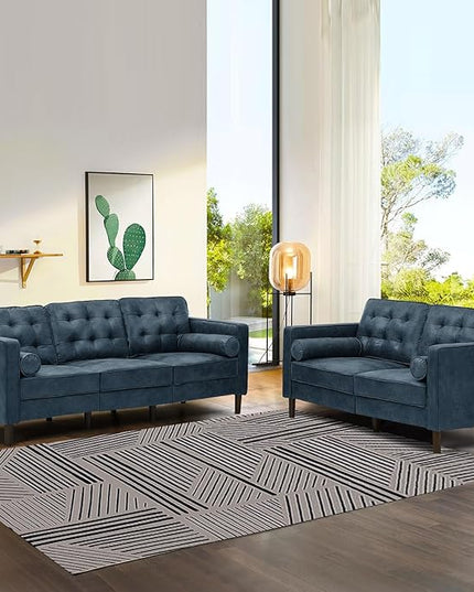 67" Suede Leather 2 Seater Sofa with Two Bolster Pillows, Tufted Sofa with Wooden Legs, Mordern Couch for Living Room, Office, Apartment, Blue