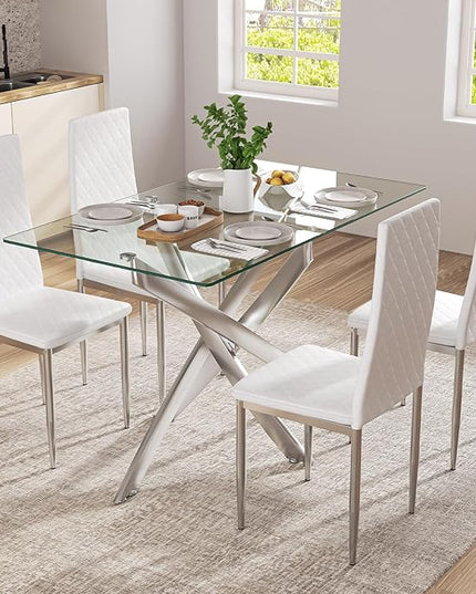 47.24 Inch Glass Dining Table, Rectangular Kitchen Glass Table for 4 People, Modern Dining Room Table for Dinner Kitchen Dining Room(Silver)