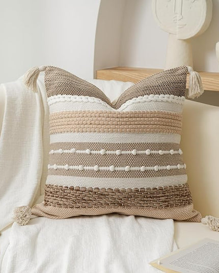 BlissBlush Brown Decorative Throw Pillow Cover 20x20 Square Boho Accent Pillowcase Tassels Farmhouse Cushion for Couch Sofa Bedroom Livingroom Home Décor Cover ONLY (Pack of 1)