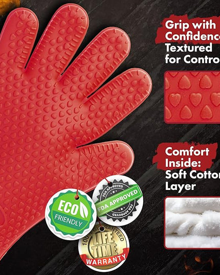 KITCHEN PERFECTION Silicone Smoker Oven Gloves -Extreme Heat Resistant BBQ Gloves -Handle Hot Food Right on Your Grill Fryer&Pit|Waterproof Grilling Cooking Baking Mitts|Superior Value Set +3 Bonuses