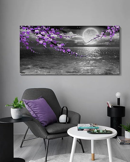 Large Purple Wall Art Decor for Living Room Bedroom Framed Black and White Seascape Full Moon Purple Flower Painting Canvas Picture Modern Hand-Painted Plum Blossom Artwork for Home Office