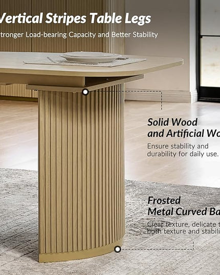Modern Extendable Dining Table, Light Oak Wood, Mid-Century Design with Hidden Extension Board, Fluted Double Column Base, Rounded Corners, for Kitchen, Living Room