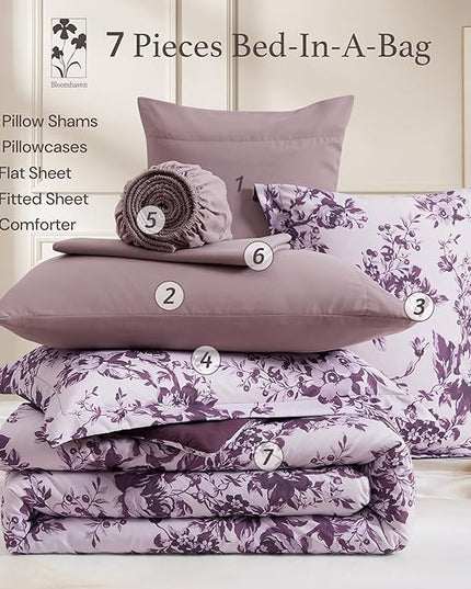 King Comforter Set -7 PiecesDeep Purple Floral Comforter Set for All Seasons, Bed in a Bag King with Botanical Flowers Comforter, Sheets, Pillowcases & Shams