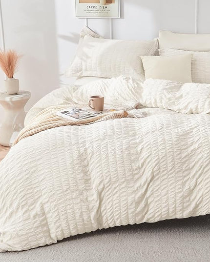 HYMOKEGE Ivory Oversized Queen Comforter Set Seersucker 7 Pieces, All Season Luxury Bed in a Bag for Bedroom, Bedding Set with Comforter, Sheets, Pillowcases & Shams