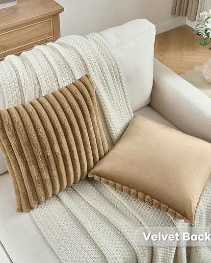 FUTEI Camel Throw Pillow Covers Set of 2, 16x16 Inch Striped Texture Cushion Cases with Soft Faux Rabbit Fur Front & Velvet Back, Modern Decorative Couch Pillows for Living Room