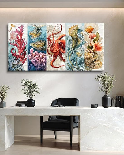 XIGUANGART Bathroom Framed Canvas Wall Art Undersea Abstract Pictures Octopus Coral Reef Vibrant Colorful Marine Animals Painting Large Wall Decor for Living Room Bedroom Nautical Home Decorations