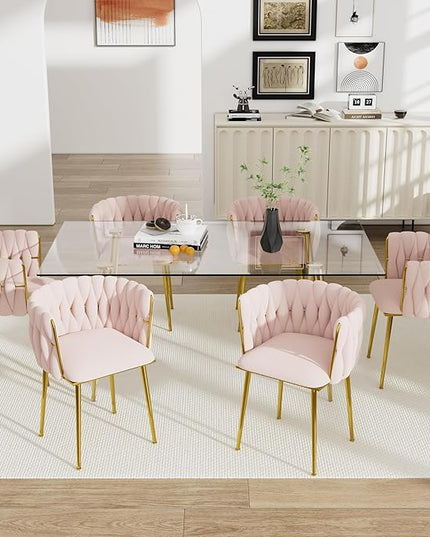 7 Piece Modern Gold Dining Room Set, 63'' Luxury Minimalist Kitchen Table Set, 6 Person Clear Glass Top Rectangle Dinner Set with Pink Woven Dining Chair for Home Large Living Room
