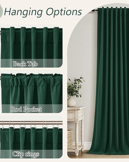 Guken Dark Green Blackout Curtains 63 Inch Length 2 Panels Set for Living Room Bedroom Back Tab Thermal Insulated 100% Black Out Linen Drapes Christmas Decor 52x63 Long