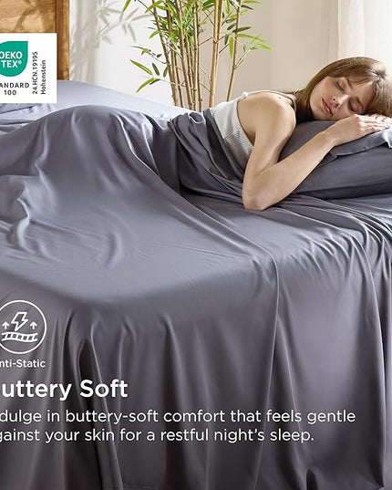 Bedsure Queen Sheet Set, Cooling Sheets for Queen Size Bed Set, Rayon Derived from Bamboo, Breathable & Soft, Deep Pocket Up to 16", Hotel Luxury Silky Bedding for Hot Sleepers, Dark Grey