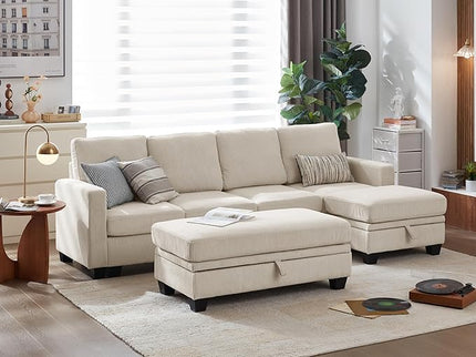 CHIC HOUSE Corduroy Modular Sectional Couch with Ottoman Chaise, L/U Shaped Sleeper Sofa for Living Room, Apartment, Lounge, Modern Armrest Neck Support Furniture (7 Seater Sectional, Beige)