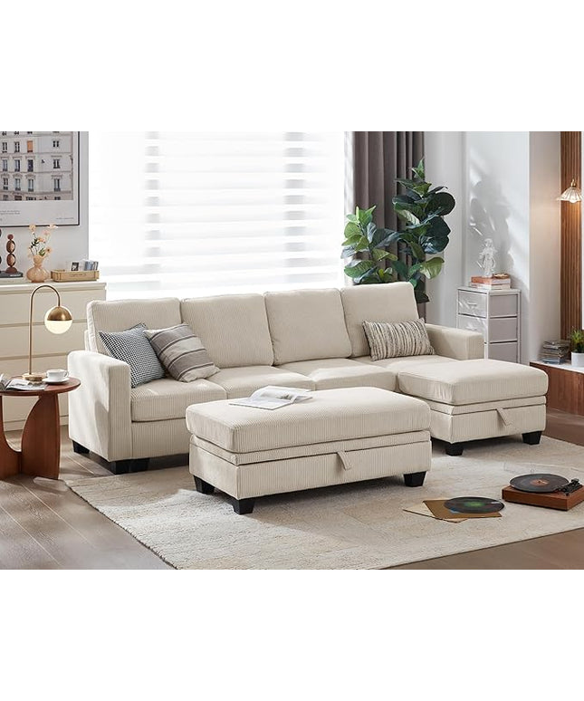 CHIC HOUSE Corduroy Modular Sectional Couch with Ottoman Chaise, L/U Shaped Sleeper Sofa for Living Room, Apartment, Lounge, Modern Armrest Neck Support Furniture (7 Seater Sectional, Beige)