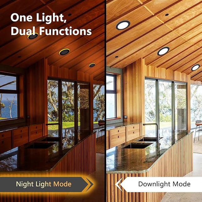 CycevSun 12 Pack Black Recessed Lights 6 Inch with Night Light, Canless Ultra Thin Wafer Downlight Indoor Outdoor Exterior Soffit, Dimmable & 5 Color Selectable, 12W, ETL Listed