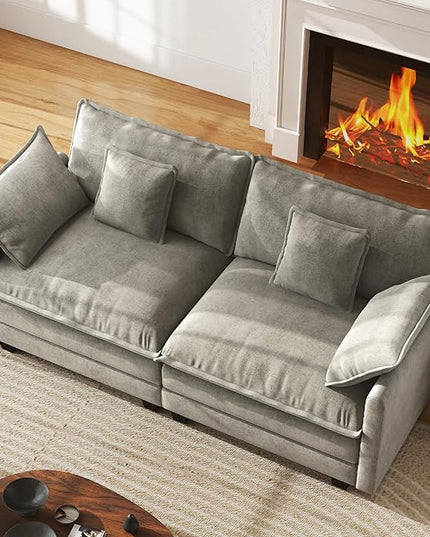 WorthFurni 77 Inch Cloud Sofa Loveseat, Comfy Sectional Couch, 2-Seater Chenille Deep Seat Sofa with Throw Pillows for Living Room Bedroom Apartment （Grey）