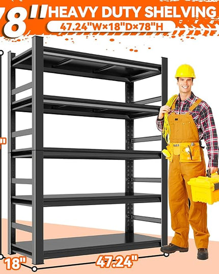 Metal Garage Shelving Unit, Heavy Duty Steel Storage Shelves, 3000 lbs Capacity, Adjustable 5-Tier Metal Shelf, Ideal for Garage, Warehouse, or Home Organization (with fence 47.24" W x 18" D x 78" H)