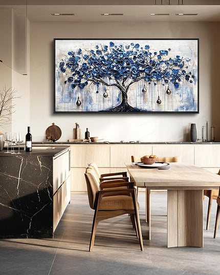 XIGUANGART Tree of Life Large Wall Art Watercolor Blue Farmhouse Framed Artwork Tree & bell Canvas Prints Pictures Modern Abstract Paintings Wall Decor for Living Room Bedroom Home Office Decoration