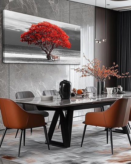 wall art for living room Decorations Photo Prints - panoramic black and white with red trees The moon Landscape - Modern Home Decor The room Stretched and Framed Ready to Hang artwork 30x60inches