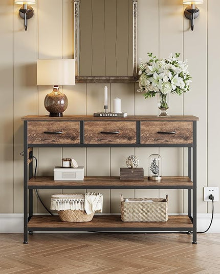 Lulive Entryway Table with Power Outlets, Console Table with 3 Fabric Drawers, Sofa Table for Living Room, Hallway, Couch, Foyer, Height Adjustable (Rustic Brown, 43")