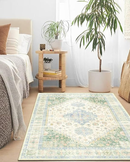 MUJOO 3x5 Rug Washable,Boho Area Rug for Bedroom Entryway Living Room Bathroom,Small Non Slip Indoor Throw Carpet Low Pile Light Green and Blue