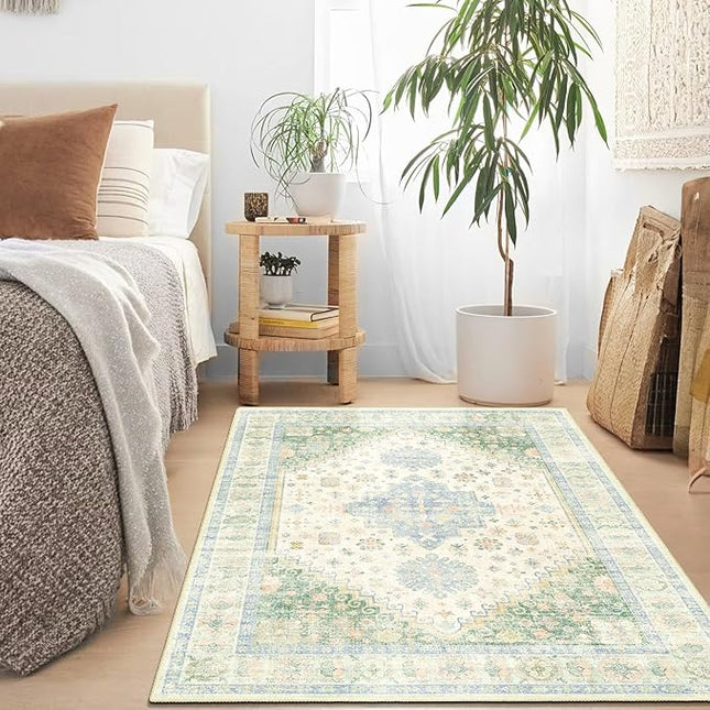 MUJOO 3x5 Rug Washable,Boho Area Rug for Bedroom Entryway Living Room Bathroom,Small Non Slip Indoor Throw Carpet Low Pile Light Green and Blue