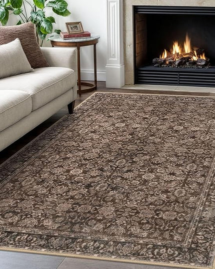4x6 Washable Rug Rust Reddish Brown Area Rug for Entryway Soft Non-Slip Indoor Door Rugs Distressed Floral Low-Pile Doormat, Neutral Vintage Carpet for Entrance Kitchen Bedside Farmhouse