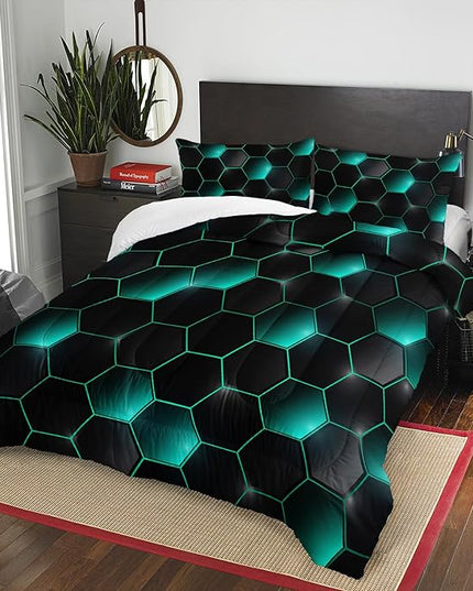 Geometric Black Green Neon Comforter Set,Light Honeycomb 3 Piece Bedding Set Twin for Teen Boys,Modern Bedding Quilt Set Geometry Decor,Microfiber Lightweight 1 Comforter 2 Pillowcases All Season
