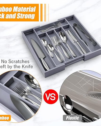 Kitchen Silverware Drawer Organizer and Storage Bamboo Wood Cooking Utensil Holder Cutlery Knife Jewelry Spice Rack Spoon Fork Multi Cabinet Organization Bathroom Counter Expandable Adjustable Tray