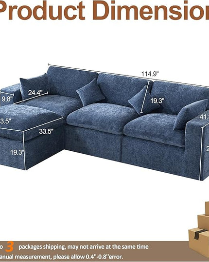 115''Cloud Boneless Sectional Couch, Modular Sectional Sofa Deep Seat with Ottoman, Oversized Upholstered Convertible Comfy 4 Seater Chenille Sofa L Shape Couches for Living Room, Blue