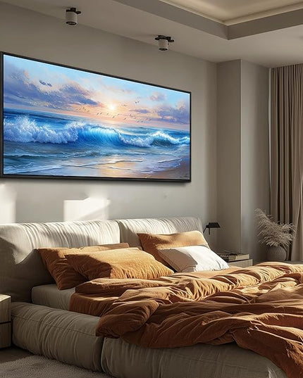 XIGUANGART Ocean Canvas Wall Art, Blue Sea Wave and Large Coastal Beach Paintings Sunset Seascape Pictures Framed Artwork Wall Decor for Living Room Bedroom Bathroom Kitchen Hallway Home Office